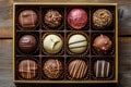 Close-up of a box filled with an assortment of gourmet chocolates,chocolate box,luxury sweets,Generated AI